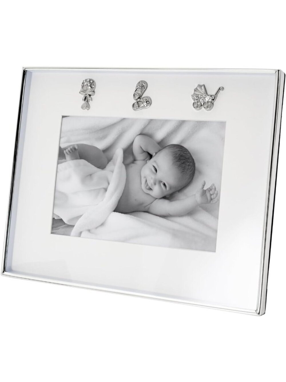 Modern Baby Picture Frame Silver Plating | Pram Booties & Rattle Icons | 5x7
